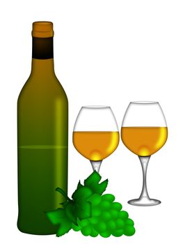 Bottle of White Wine with Two Wine Glasses and Bunch of Grapes Isolated on White Background Illustration