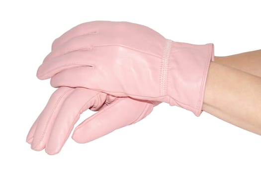 Woman's hands in pink leather gloves isolated on white background