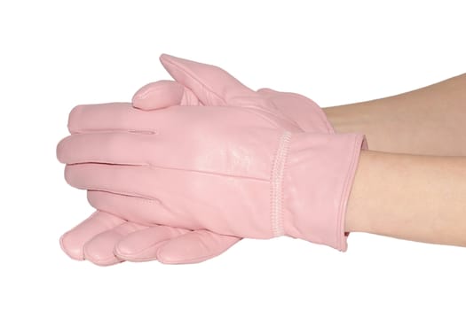 Elegant pink gloves on graceful hands isolated on white