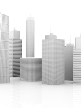 A symbolic city Illustration. 3D render. Skyscrapers isolated on white.