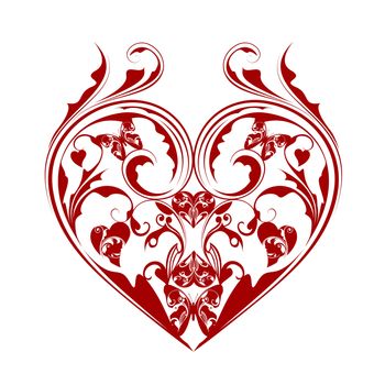 Valentines Day Heart with Butterflies and Foliage Leaf Scrolls Illustration Isolated on White Background
