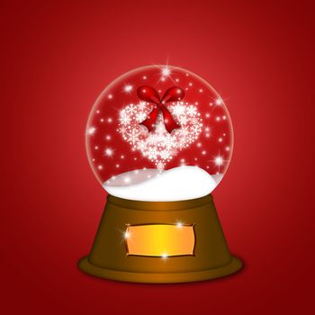 Christmas Water Snow Globe with Snowflakes Heart Illustration on Red Background