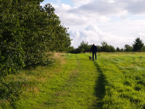 Woman walking a young puppy dog outdoors in nature