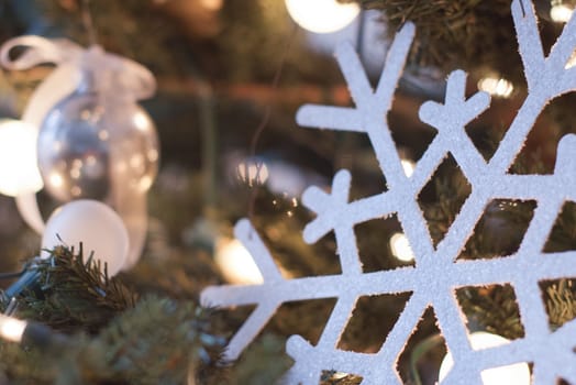 white sparkling snowflake ornament decoration on christmas tree