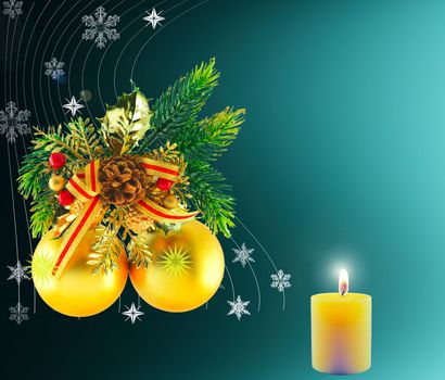 Golden balls, cone spruce,  and sprigs to decorate and candles burning for Christmas, against a green-blue background