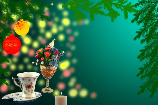 Red; yellow; balls, cone spruce, ice and sprigs to decorate and candles burning for New Year, against  background