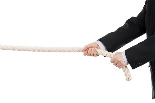 Competition concept - business man in black suit hand holding or pulling rope white isolated