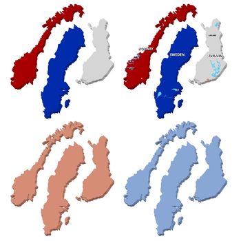 Three vector maps of Norway, Finland and Sweden in 3D