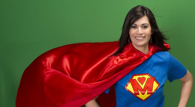 Super Mother in Red Cape With Chest Crest Smiling