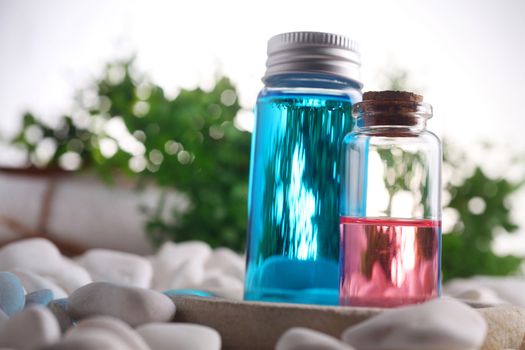  bottles of brightly colored skin care products