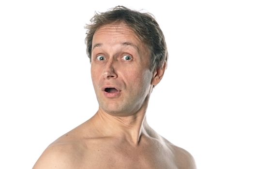 Portrait of a suprise middle age man with naked shoulder
