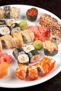 view of closeup japanese sushi set at plate