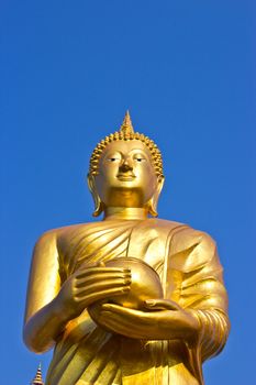 Stand Golden Buddha Statue in Thailand. Buddha was donated to the shared villagers.
