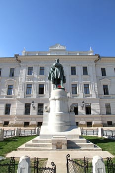 Statue of Kossuth in front of a governmental building in Pecs, Hungary.