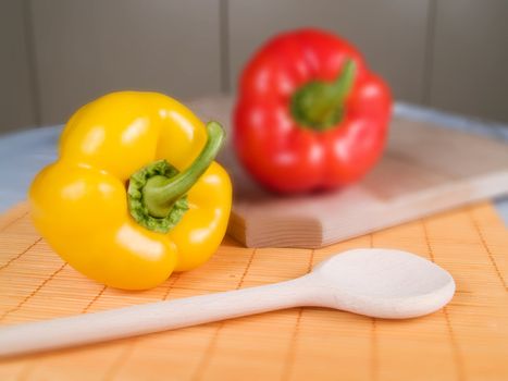 Yellow and red paprika in a kitchen