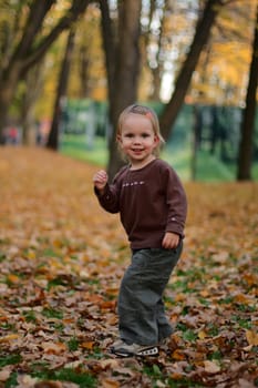little beauty girl playing autumn yard withh yellow leafs