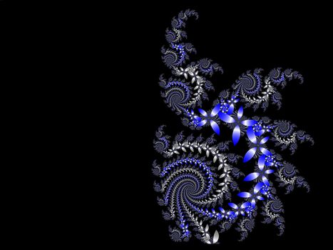 blue and silver fractal flowers forming a spiral on right hand side, copy space on left