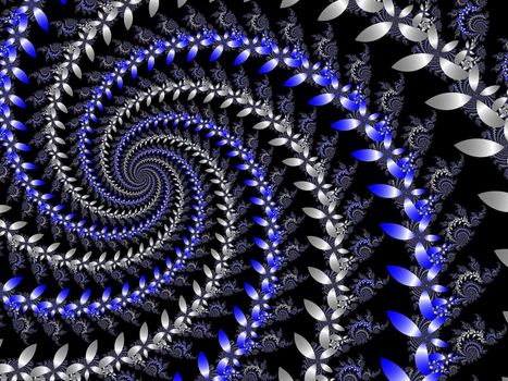 blue and silver fractal flowers forming a spiral