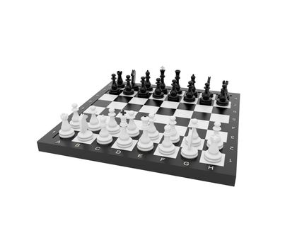 Plastic chess on a white background. The beginning of a chess party.