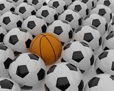 Football and basketball balls. 3d illustration on the  white background.