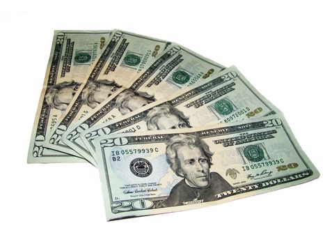 Five US Twenty Dollar Bills in a fanned out arrangement