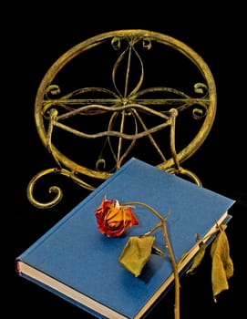 Dried-out rose on blue book and bookstand isolated on black