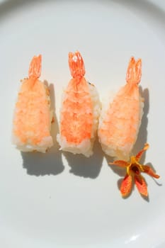 Close up of shrimp sushi on a plate.
