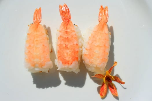 Close up of shrimp sushi on a plate.
