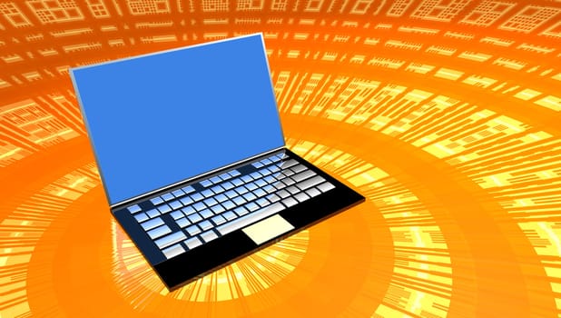 Laptop or notebook computer on orange surface with keyboard and screen