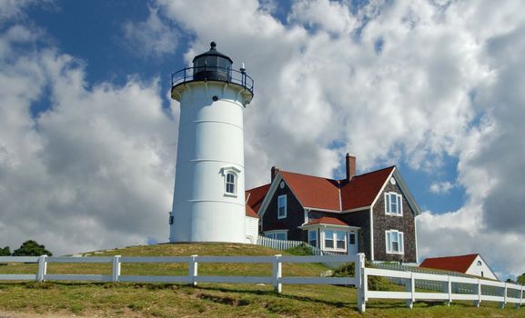 Nobska lighthouse on Cape Cod with clouds