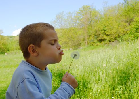 a cute boy is blowing a dandelion