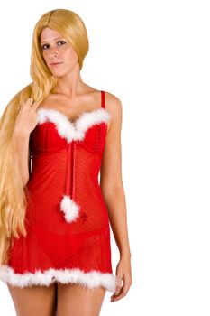 Studio portrait of blond christmas girl with very long blond hair posing