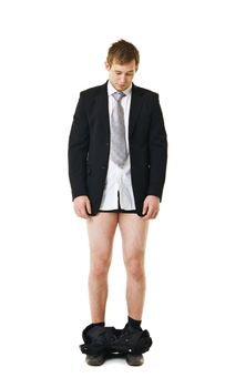 Man with his pants down isolated on white background