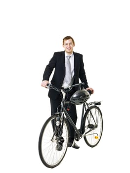 Happy businessman with bicycle and helmed isolated on white background
