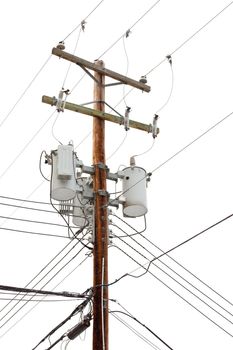 Utility pole hung with electricity power cables and transformers for residential supply