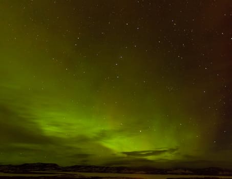 Green glowing display of Northern Lights or Aurora borealis or polar lights in night sky with clouds and stars over taiga forest landscape of Yukon Territory  Canada