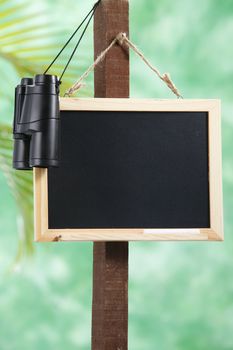 stock image of the black board and the binocular