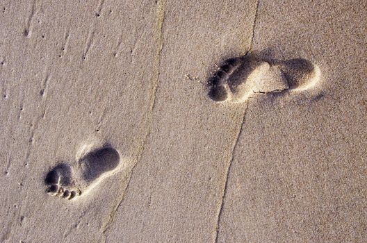 Bare human footprints in the sand sea. Rest near sea.