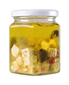Feta cheese and olives in a jar isolated on white background