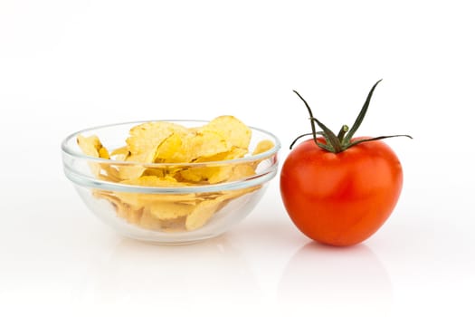 potato chips with tomato isolated on white background.