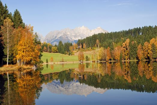 Panoramic view of mountains and lake at Schwarzsee - Kitzbuhel Austria