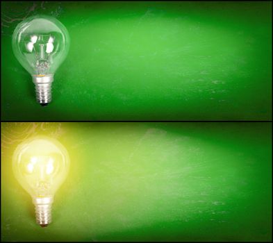 Simple turned off and on electricity lamp over grunge green background.