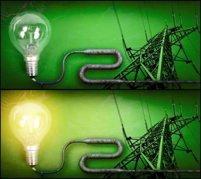 Electricity concept over green background. Turned on and off light bulb and pylon connected by a pipe