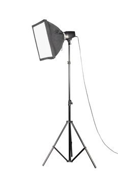 Small softbox 45cm X 45cm and portable studio flash isolated over white background