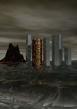 mountain and buildings