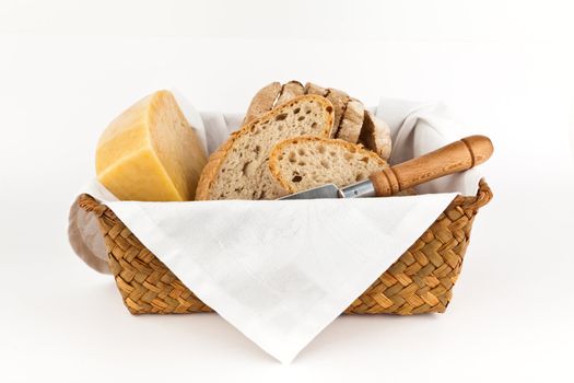 Traditional bread and cheese isolated on white background.