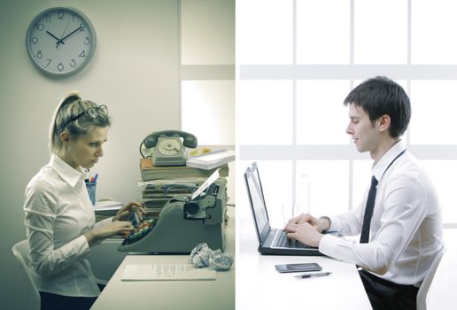 Business woman and business man working in office at desk