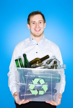 Young man with Glass recycling