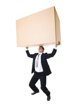 Well dressed man carrying a heavy cardboard Box isolated on white background