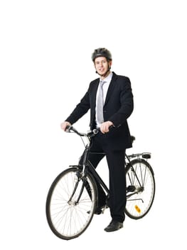 Young man with bicycle and helmed isolated on white background